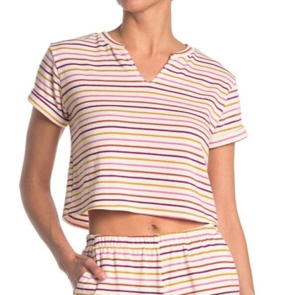 Lush NWT Multicolor Stripe Crop Tee Womens M White Pink Knit Notched Collar